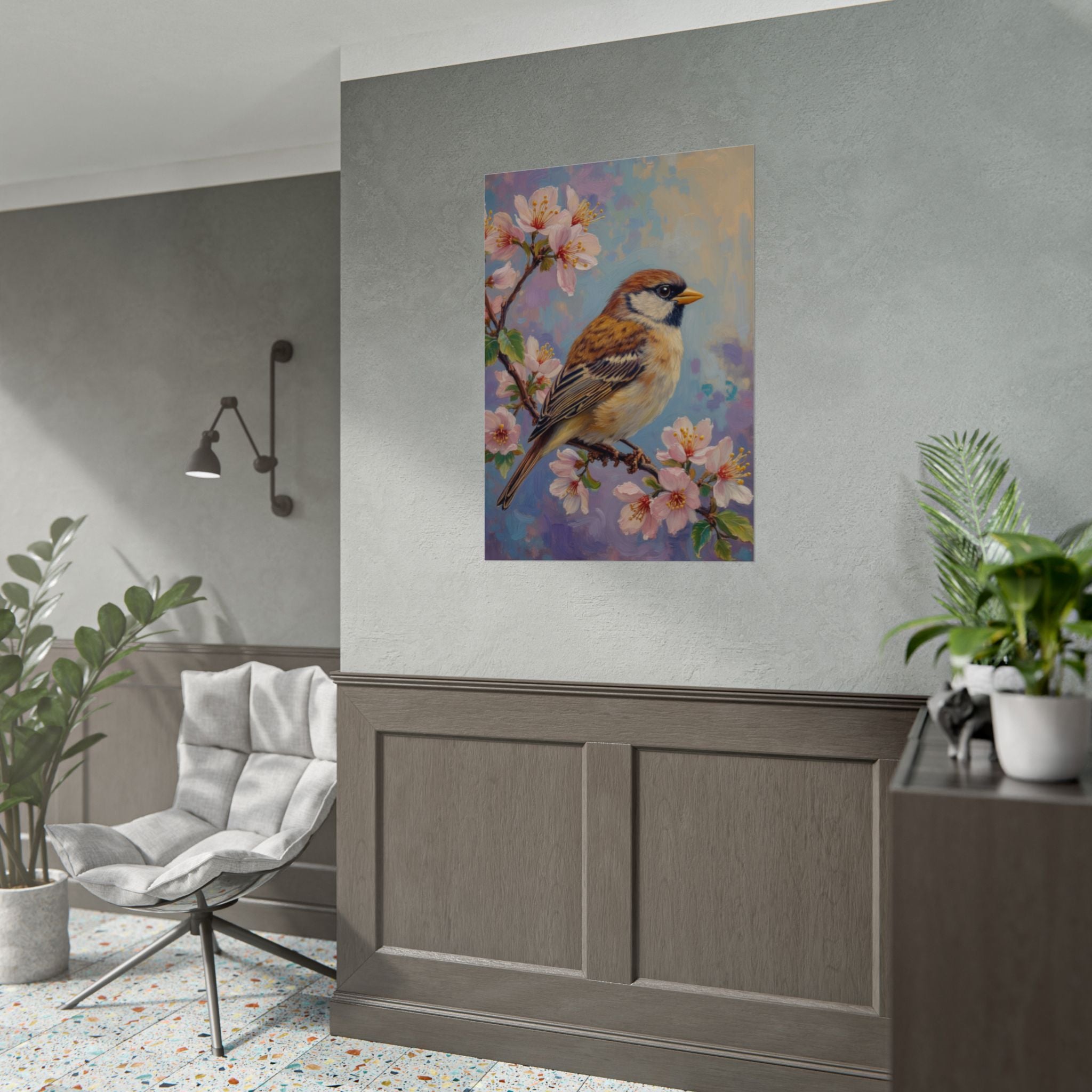 Bird on Blossom Rolled Poster — Spring Sparrow on Branch Wall Art Print