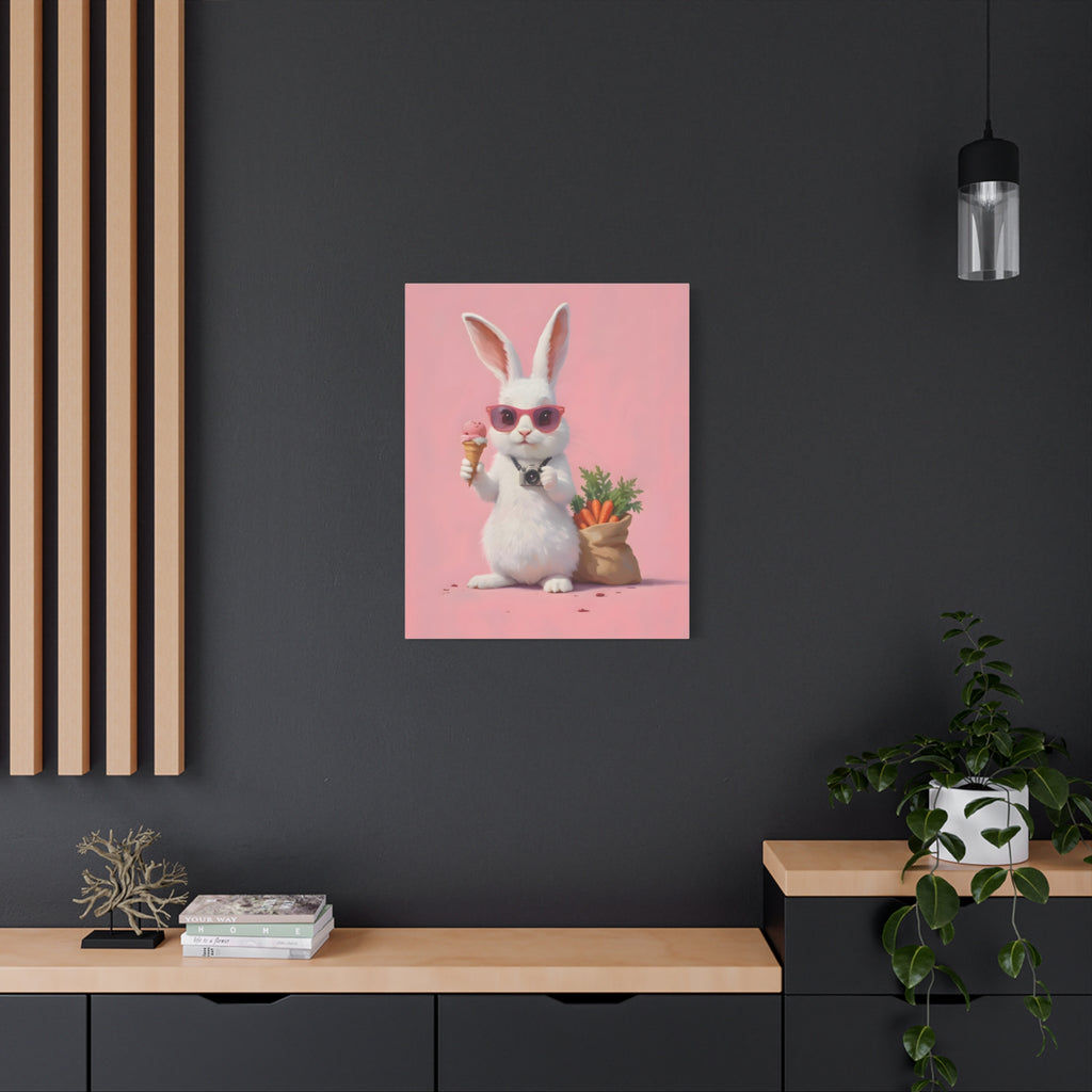 Pink Cute Bunny Canvas Wall Art — Cool Rabbit with Sunglasses, Ice Cream & Carrots (Matte Stretched)
