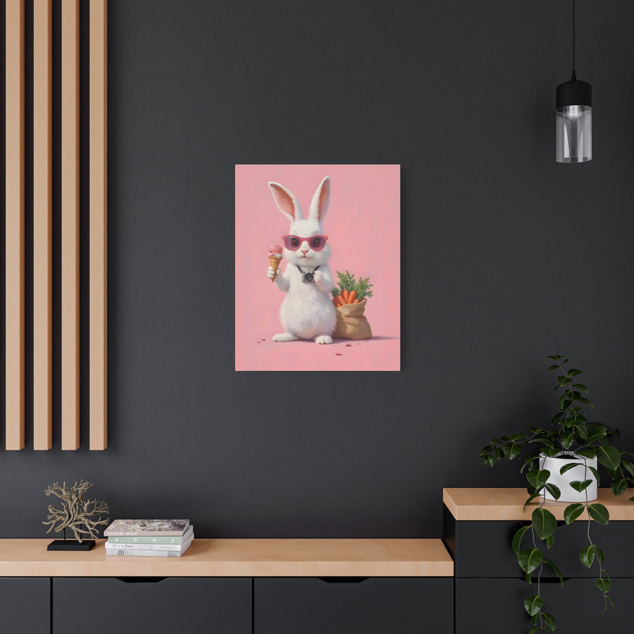 Pink Cute Bunny Canvas Wall Art — Cool Rabbit with Sunglasses, Ice Cream & Carrots (Matte Stretched)