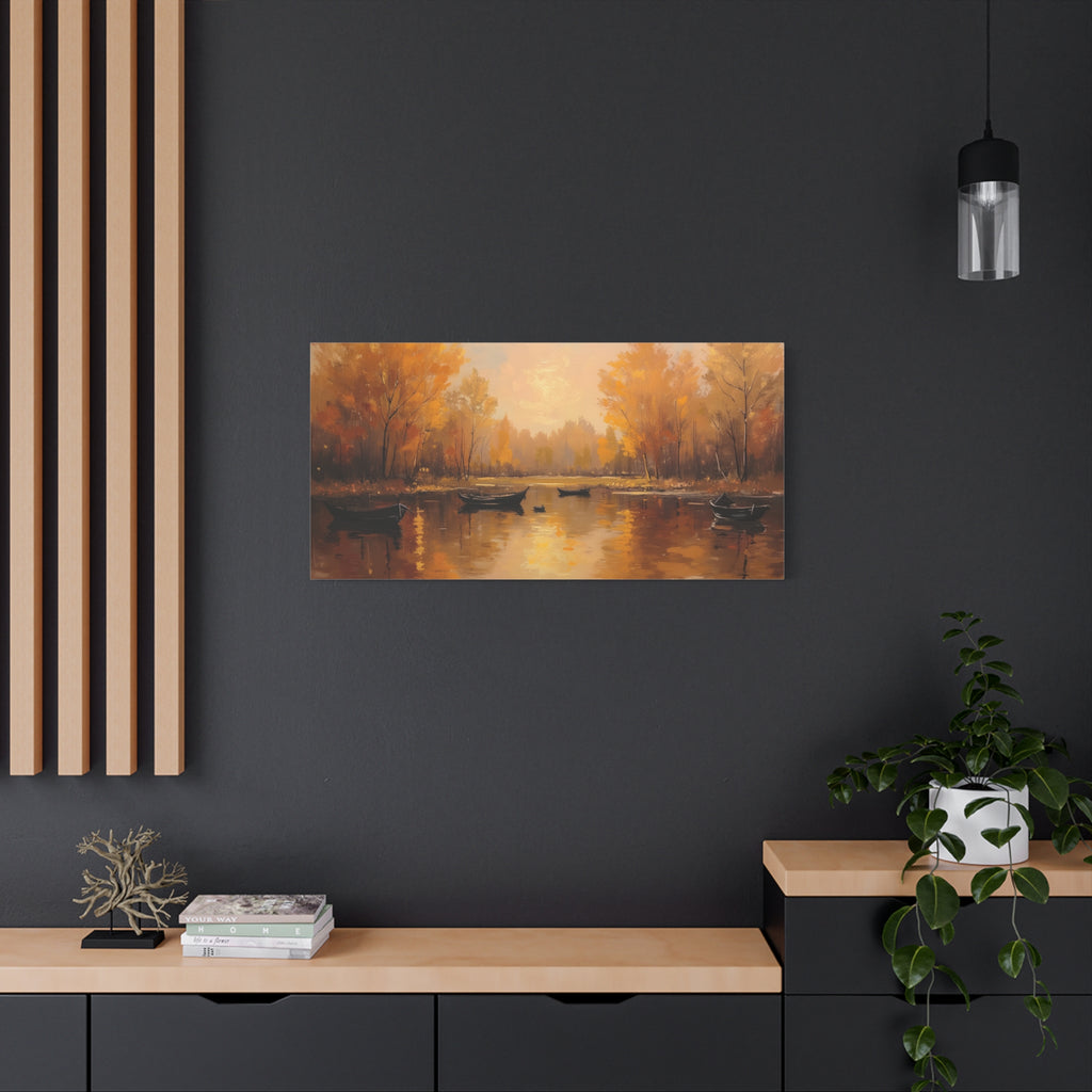 Herfst aan het meer met roeiboten Muurdecoratie - Gespannen canvas 