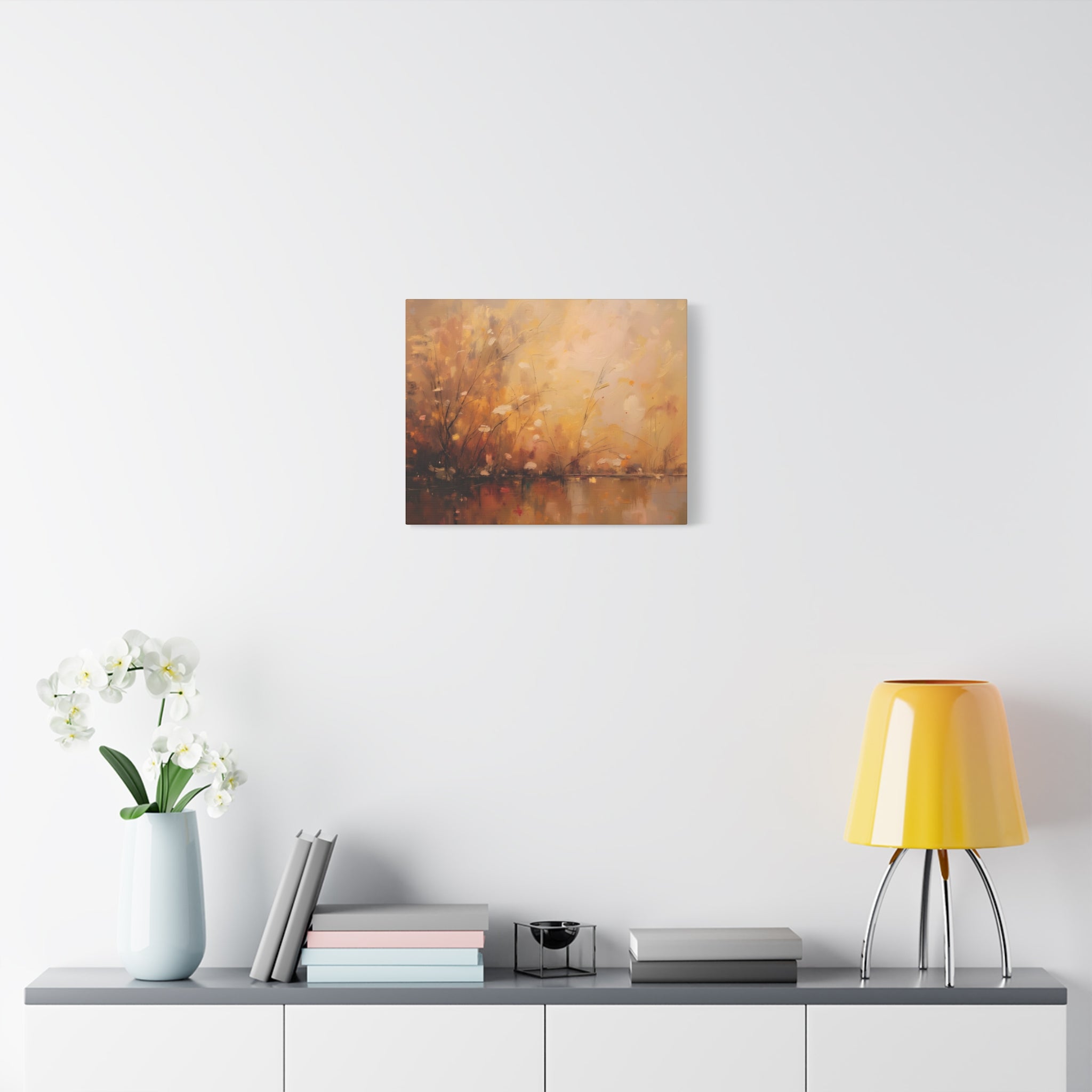 Abstracte muurdecoratie met gouden weidemotief - opgespannen canvas 