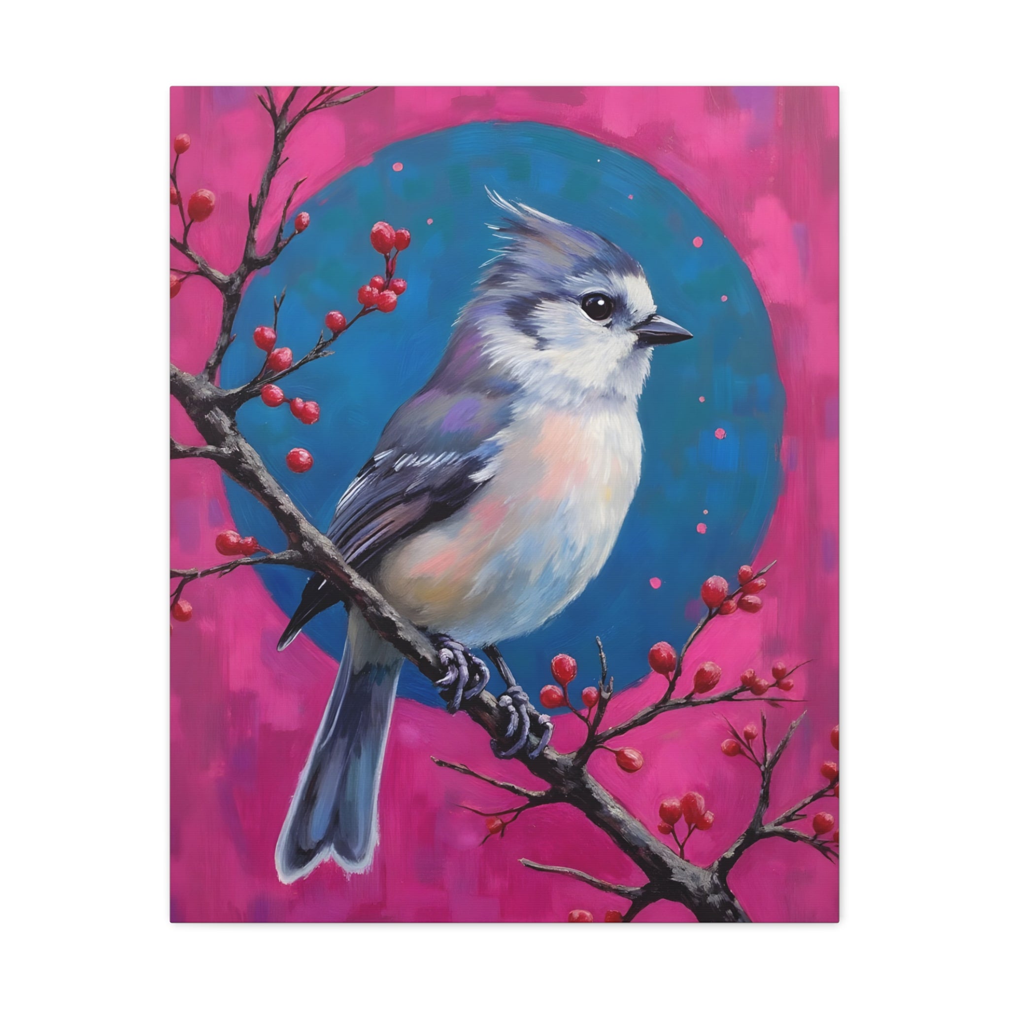 Muurdecoratie: Blauwe gaai op een hulsttak - Gespannen canvas 