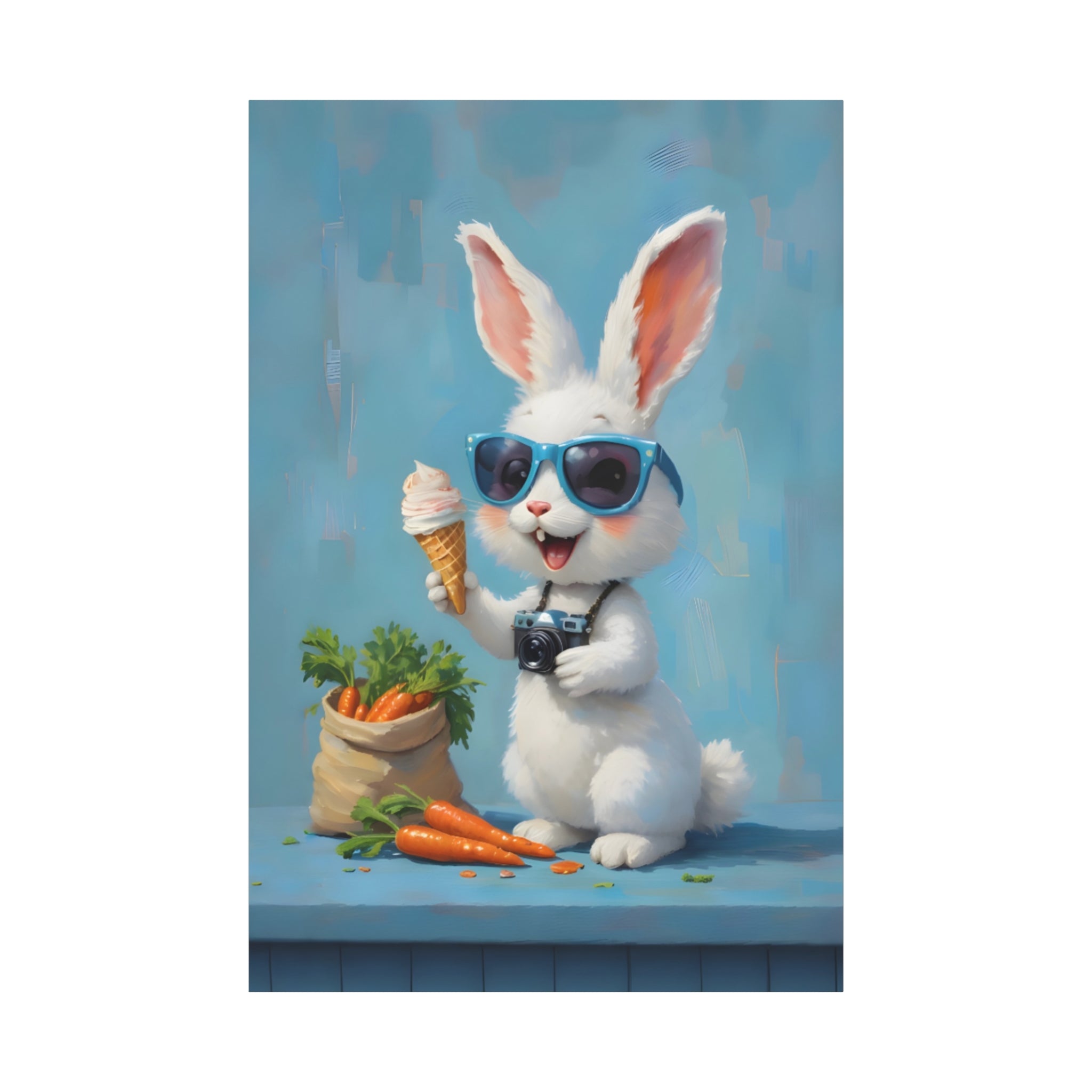 Blue Bunny Canvas Print — Cute Rabbit with Sunglasses & Ice Cream Matte Wall Art