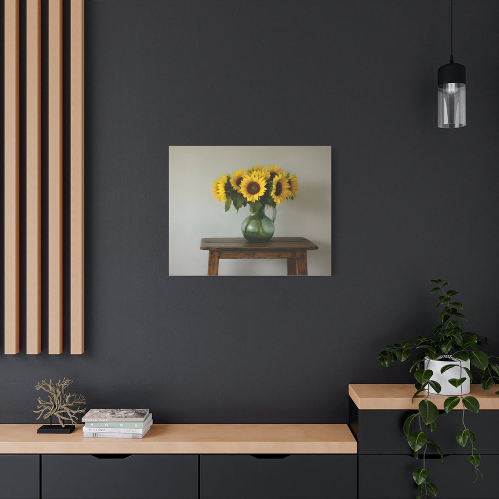 Zonnebloemen in een groene kruik als wanddecoratie - Gespannen canvas 