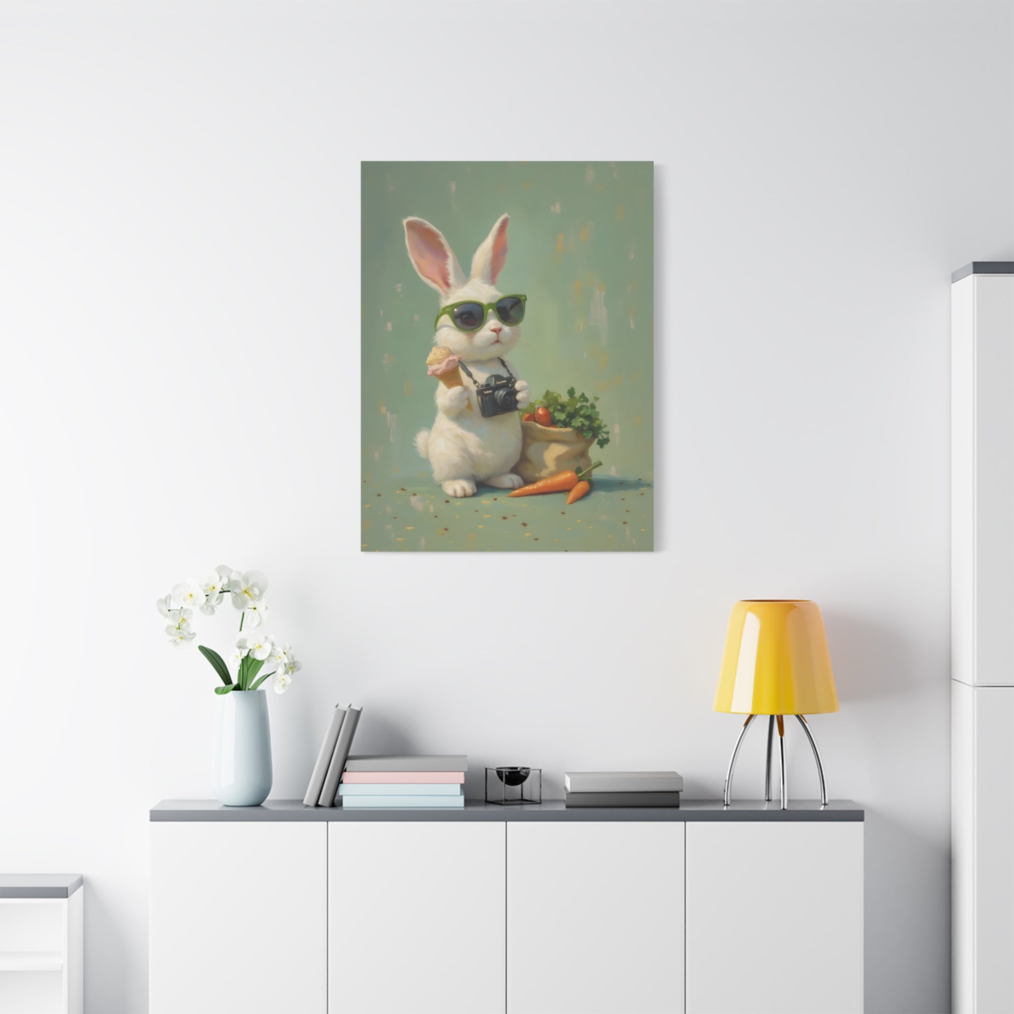 Green Bunny Canvas Wall Art — Photographer Bunny with Carrots & Ice Cream