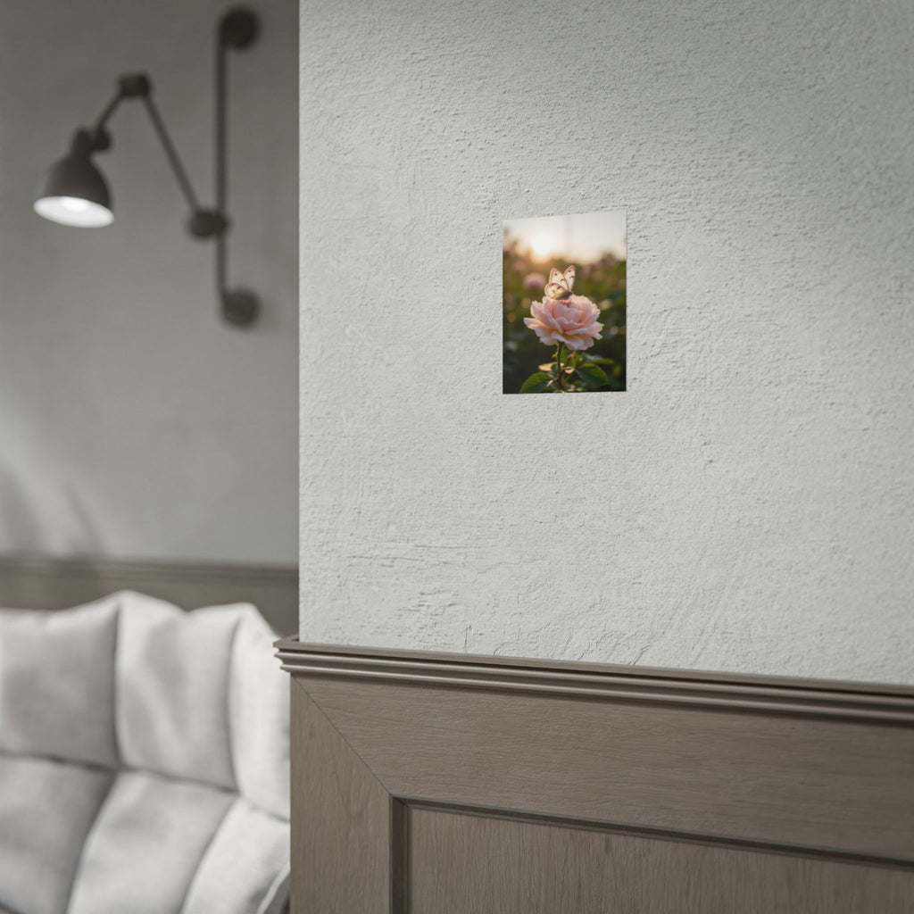 Muurposter met vlinder op roze roos 