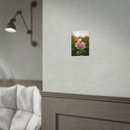 Muurposter met vlinder op roze roos 