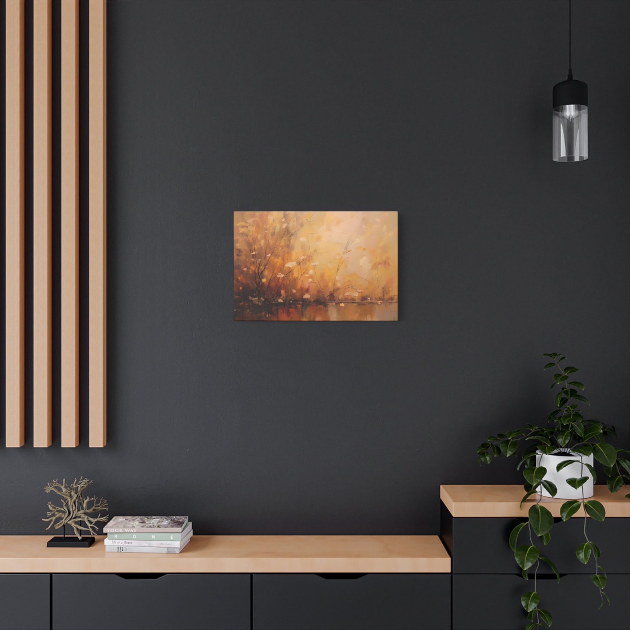 Abstracte muurdecoratie met gouden weidemotief - opgespannen canvas 