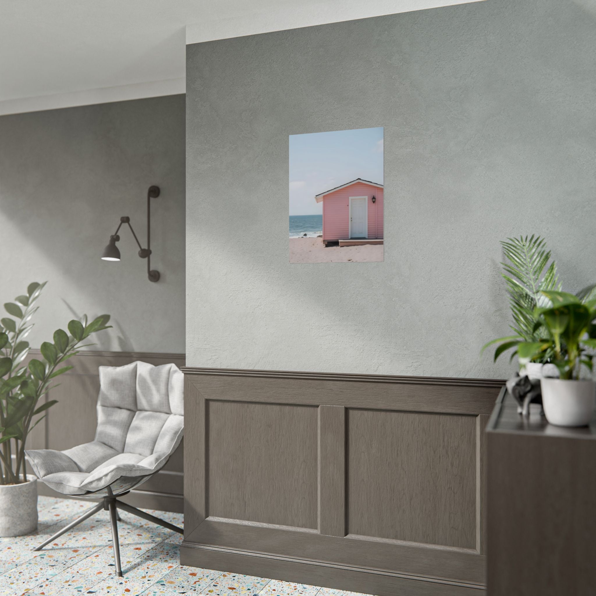 Roze strandhuisje als muurdecoratie - Poster 