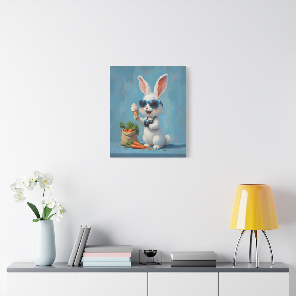 Blue Bunny Canvas Print — Cute Rabbit with Sunglasses & Ice Cream Matte Wall Art