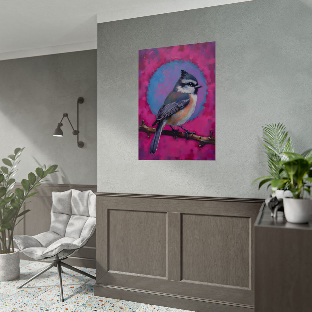 Kleurrijke Zangvogel Poster — Blauwe Gaai Kunstprint op Levendige Roze Achtergrond