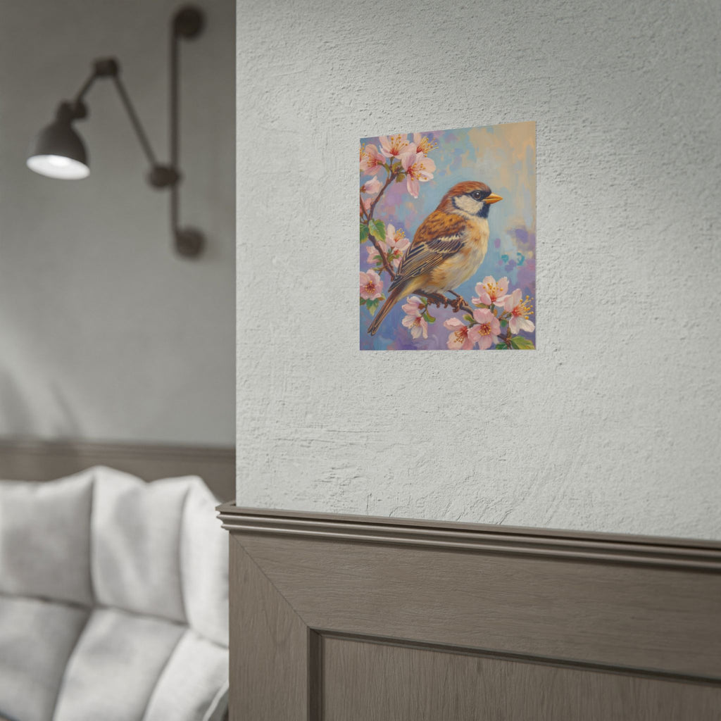 Bird on Blossom Rolled Poster — Spring Sparrow on Branch Wall Art Print