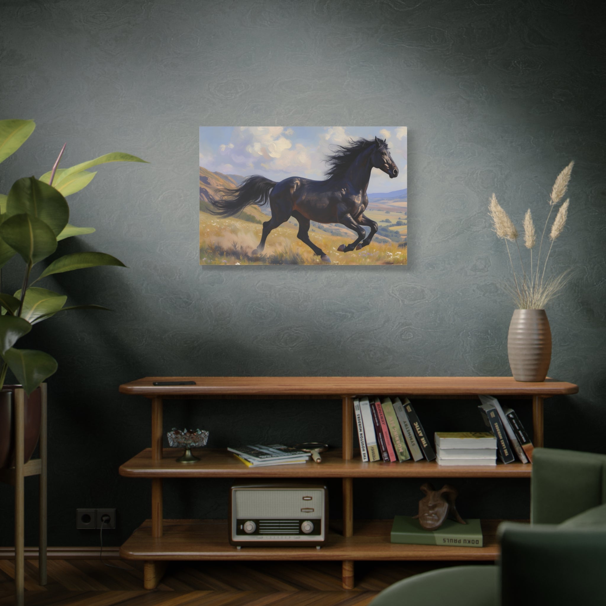 Running Black Stallion Wall Art - Horse Painting - Stretched Canvas