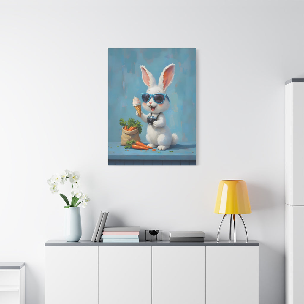 Blue Bunny Canvas Print — Cute Rabbit with Sunglasses & Ice Cream Matte Wall Art