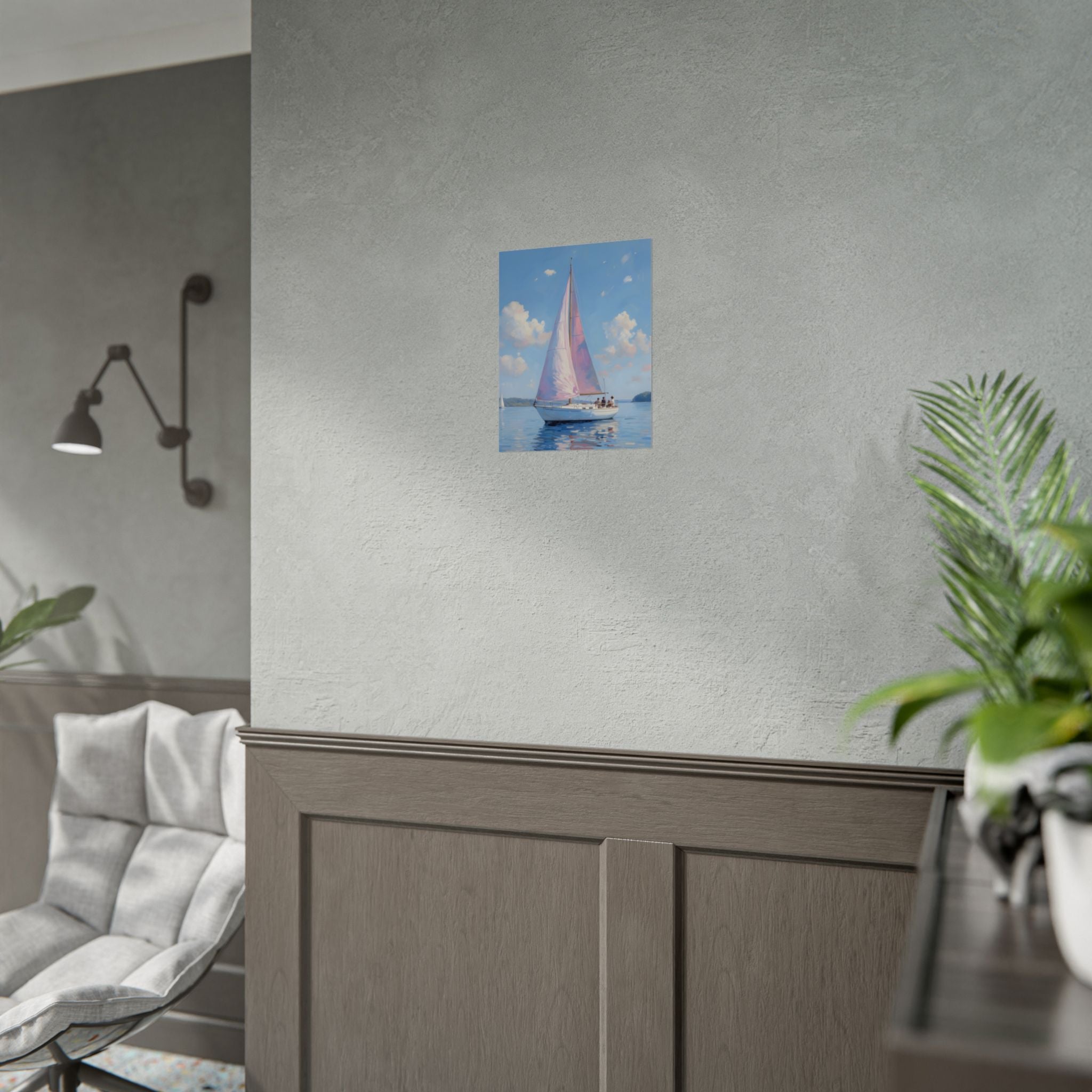Segelboot auf ruhigem Wasser mit rosa Akzenten - Poster 