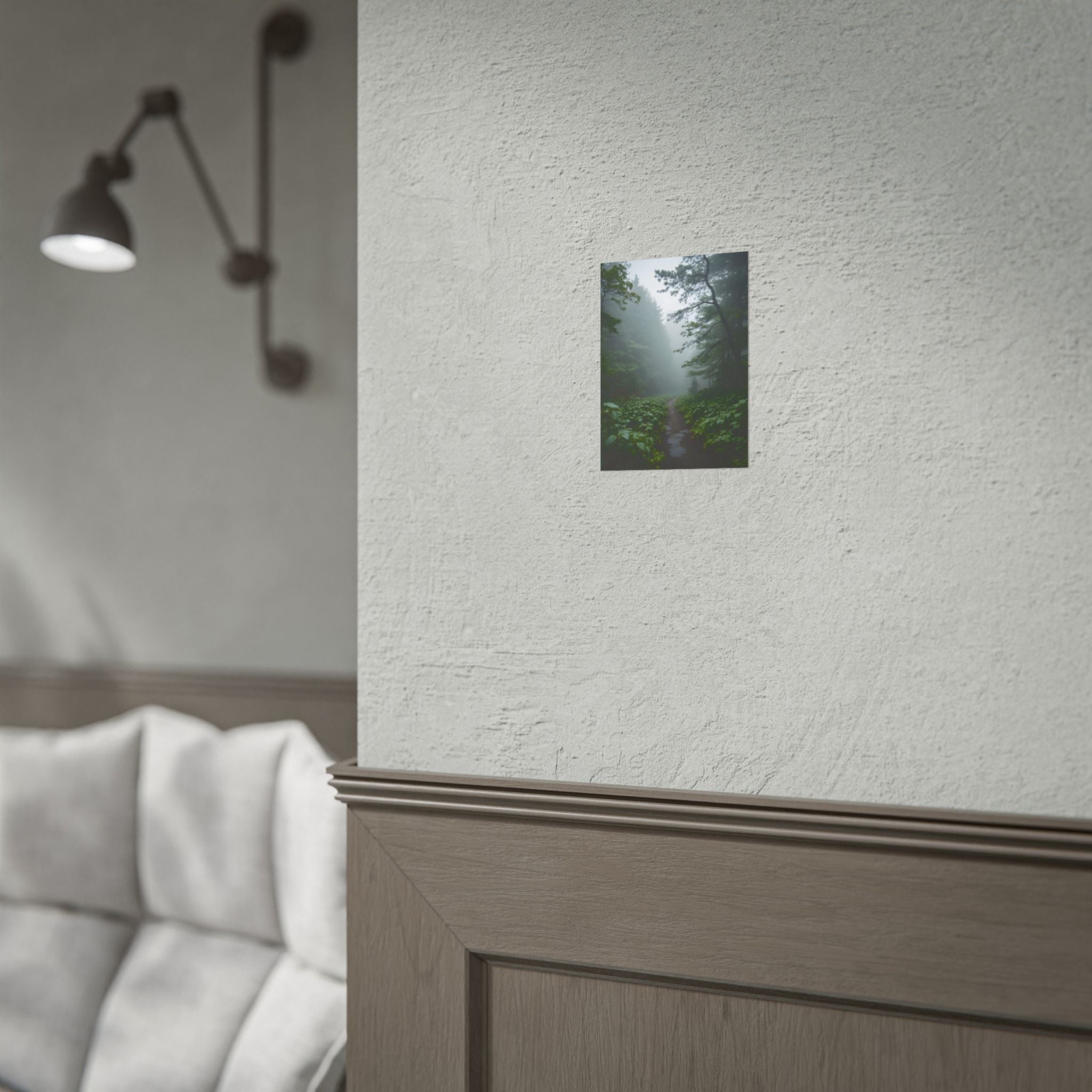 Muurdecoratie met een mistig bospad - Poster 