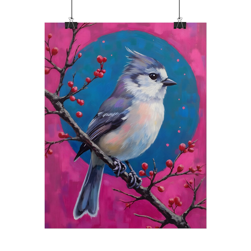 Kunstposter „Blauhäher“ – Lebendige Vogelillustration auf rosa-türkisfarbenem Hintergrund