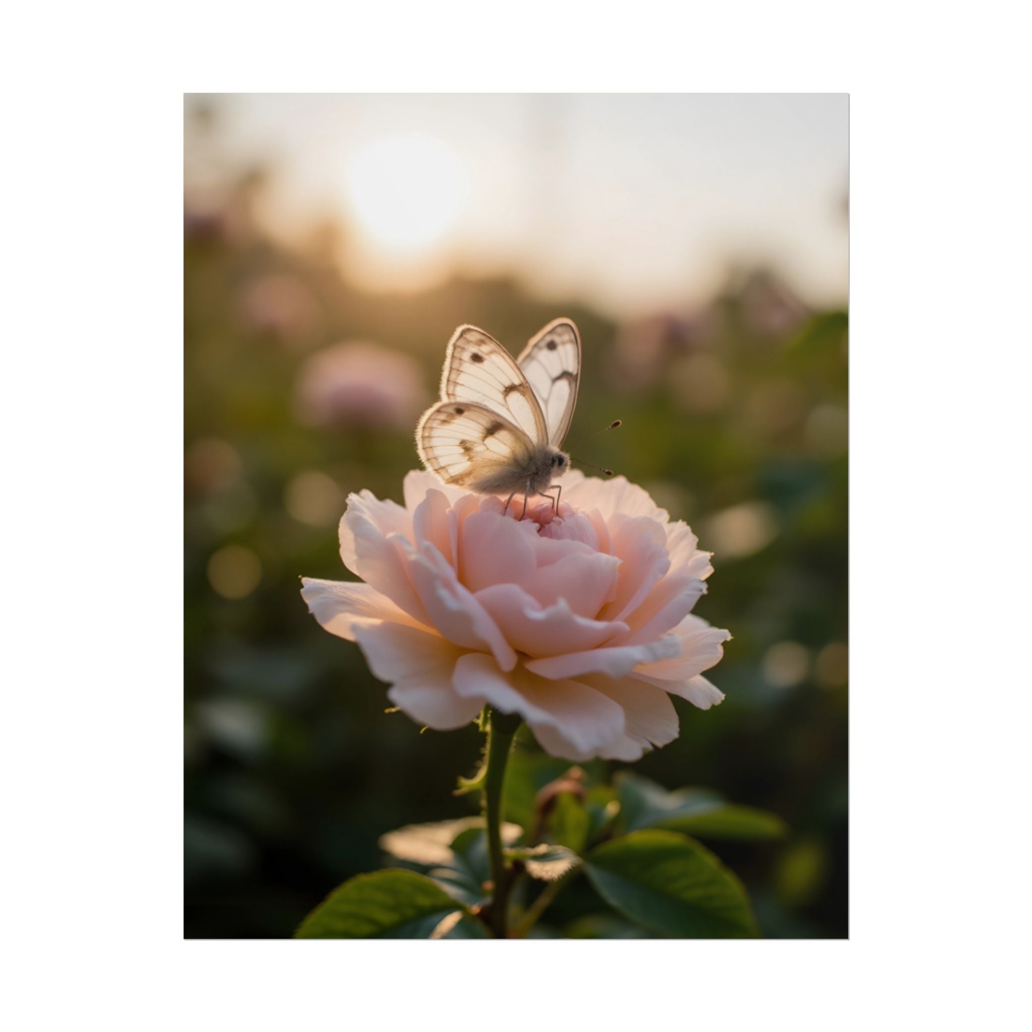 Muurposter met vlinder op roze roos 