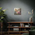 Muurdecoratie met vlinder op een roze roos - Gespannen canvas 