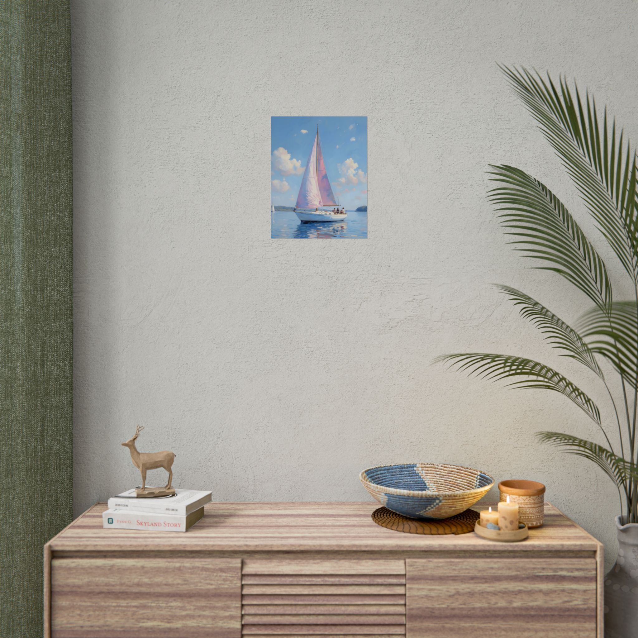 Zeilboot op kalm water met roze accenten - Poster 
