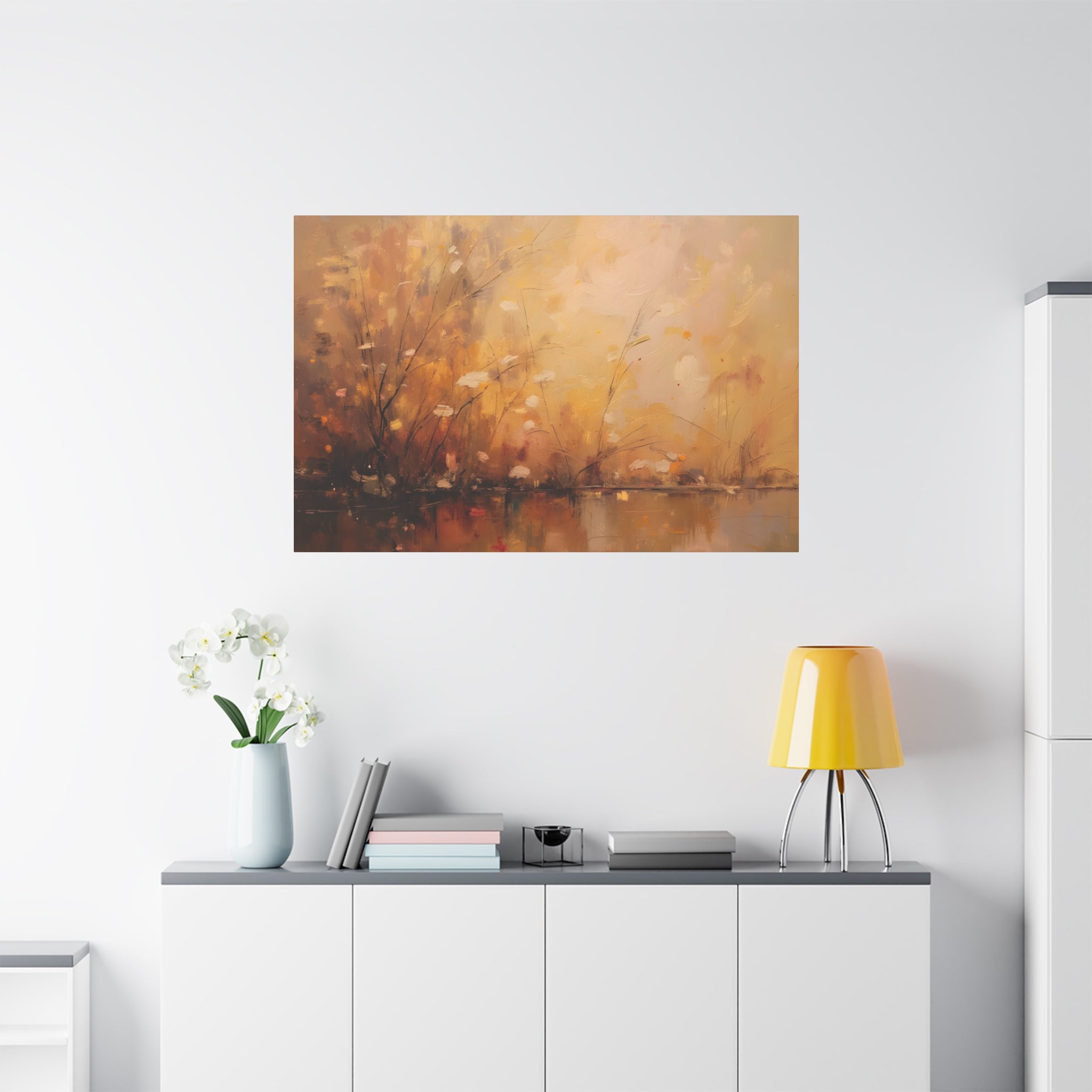 Abstracte muurdecoratie met gouden weidemotief - opgespannen canvas 
