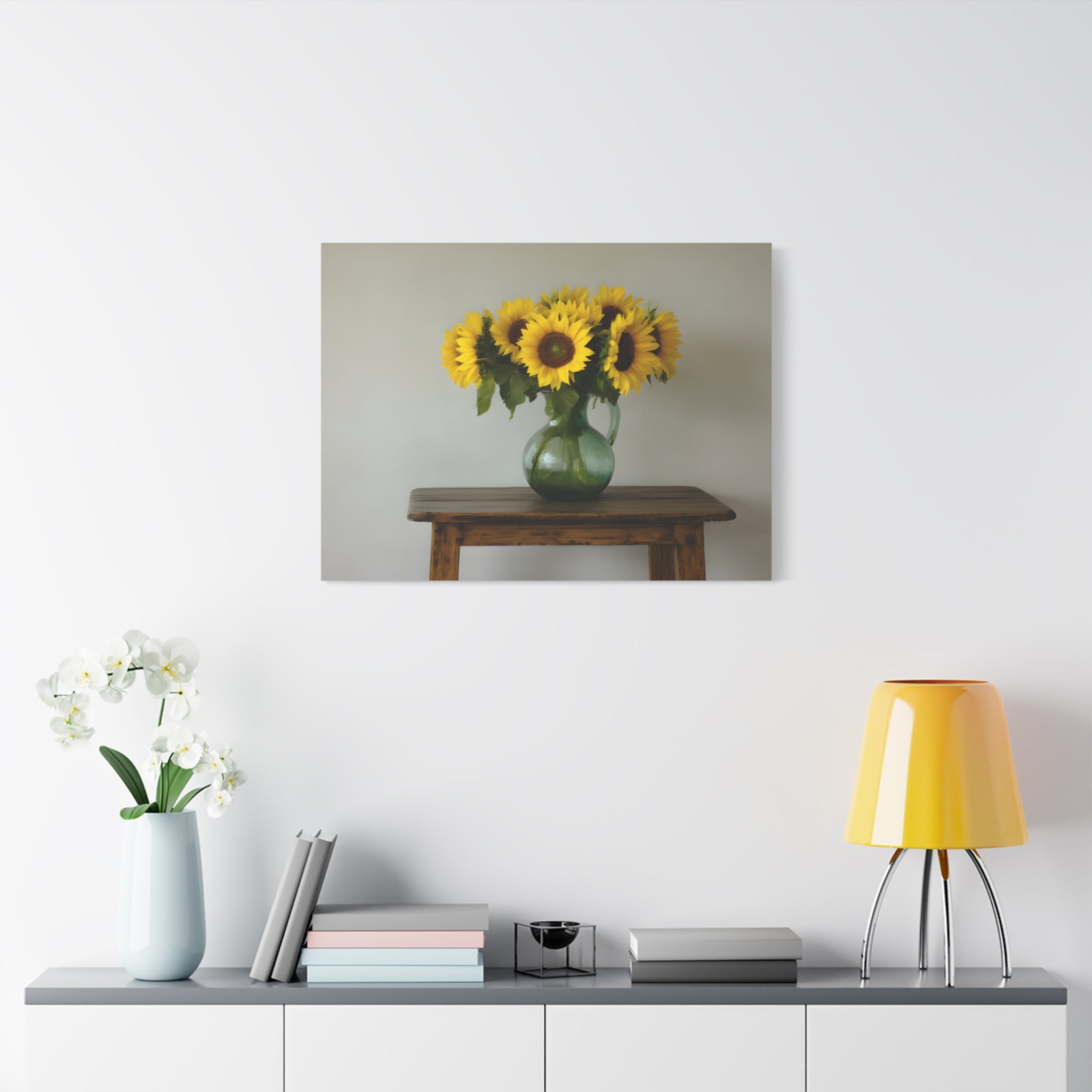 Zonnebloemen in een groene kruik als wanddecoratie - Gespannen canvas 