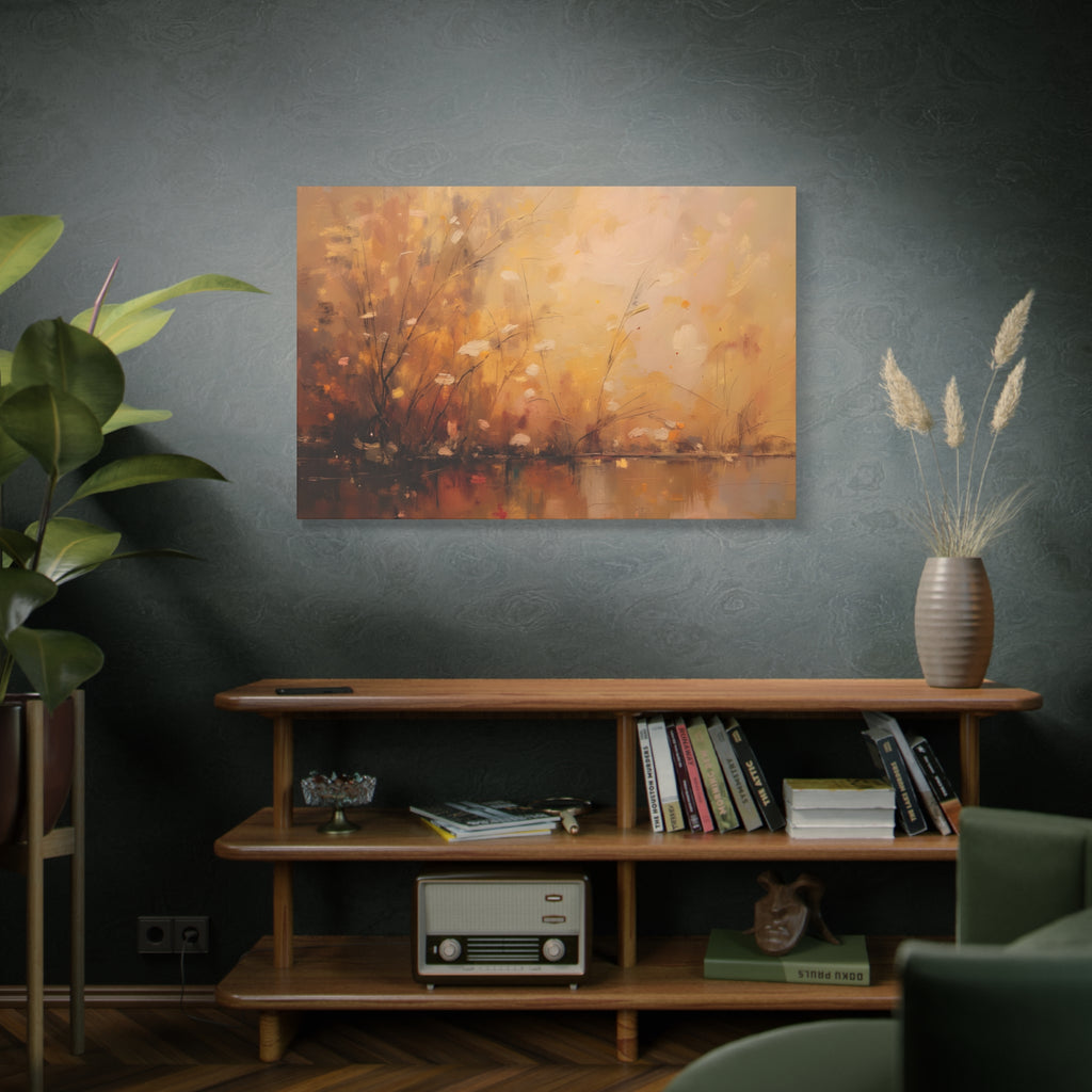 Abstracte muurdecoratie met gouden weidemotief - opgespannen canvas 