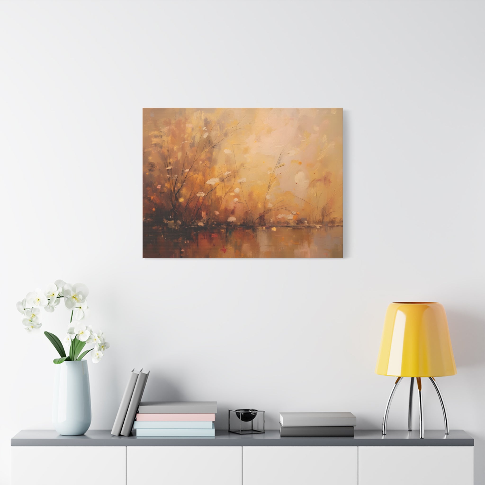 Abstracte muurdecoratie met gouden weidemotief - opgespannen canvas 