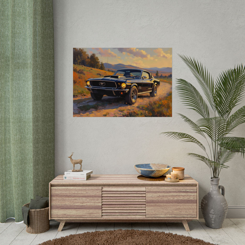 Vintage Mustang Sonnenuntergang Wandbild – Klassisches Muscle-Car – Poster 