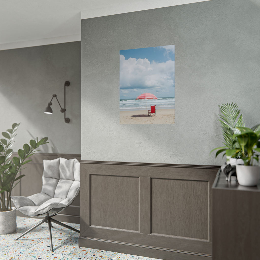 Sun-drenched beach memory with beach chair and umbrella - Poster