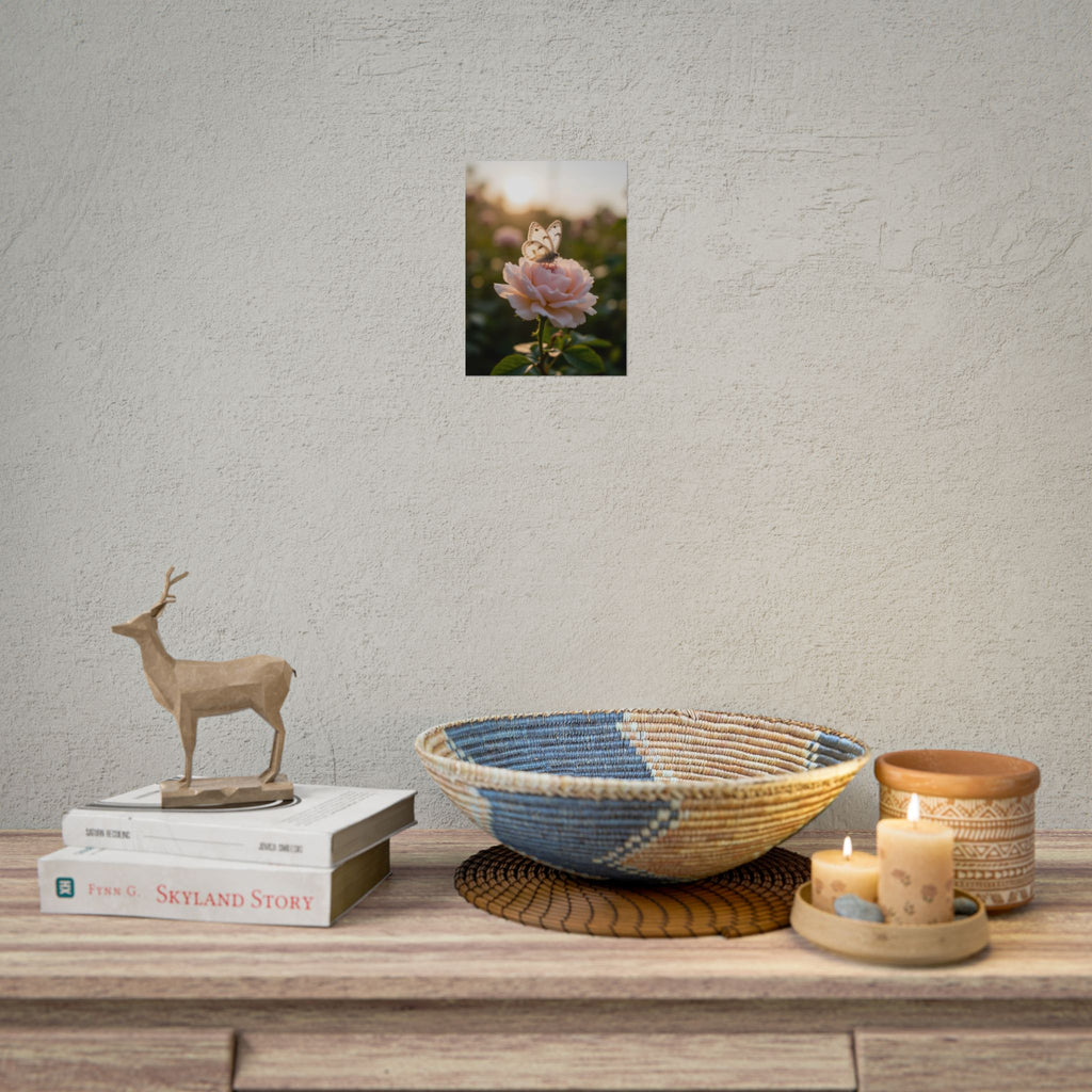 Muurposter met vlinder op roze roos 