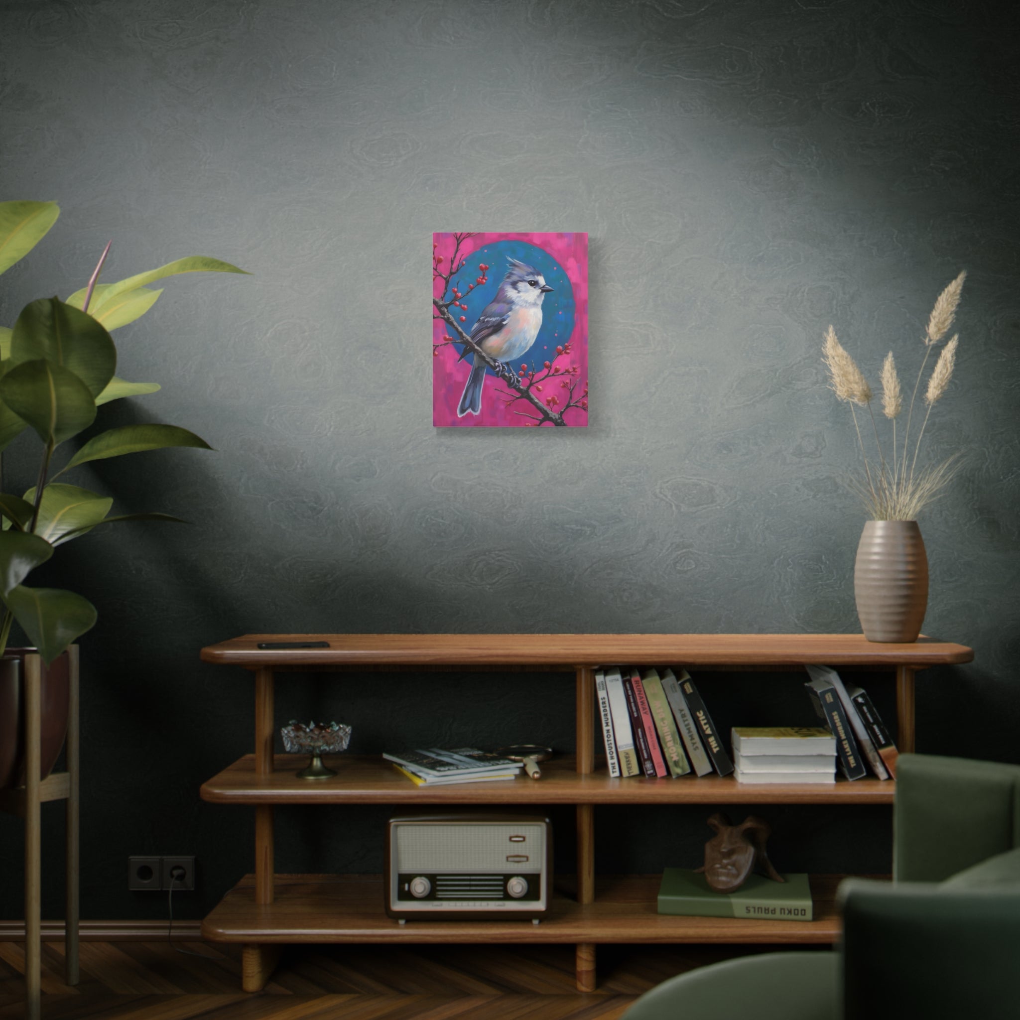Blue jay on a holly branch Wall Art - Stretched Canvas