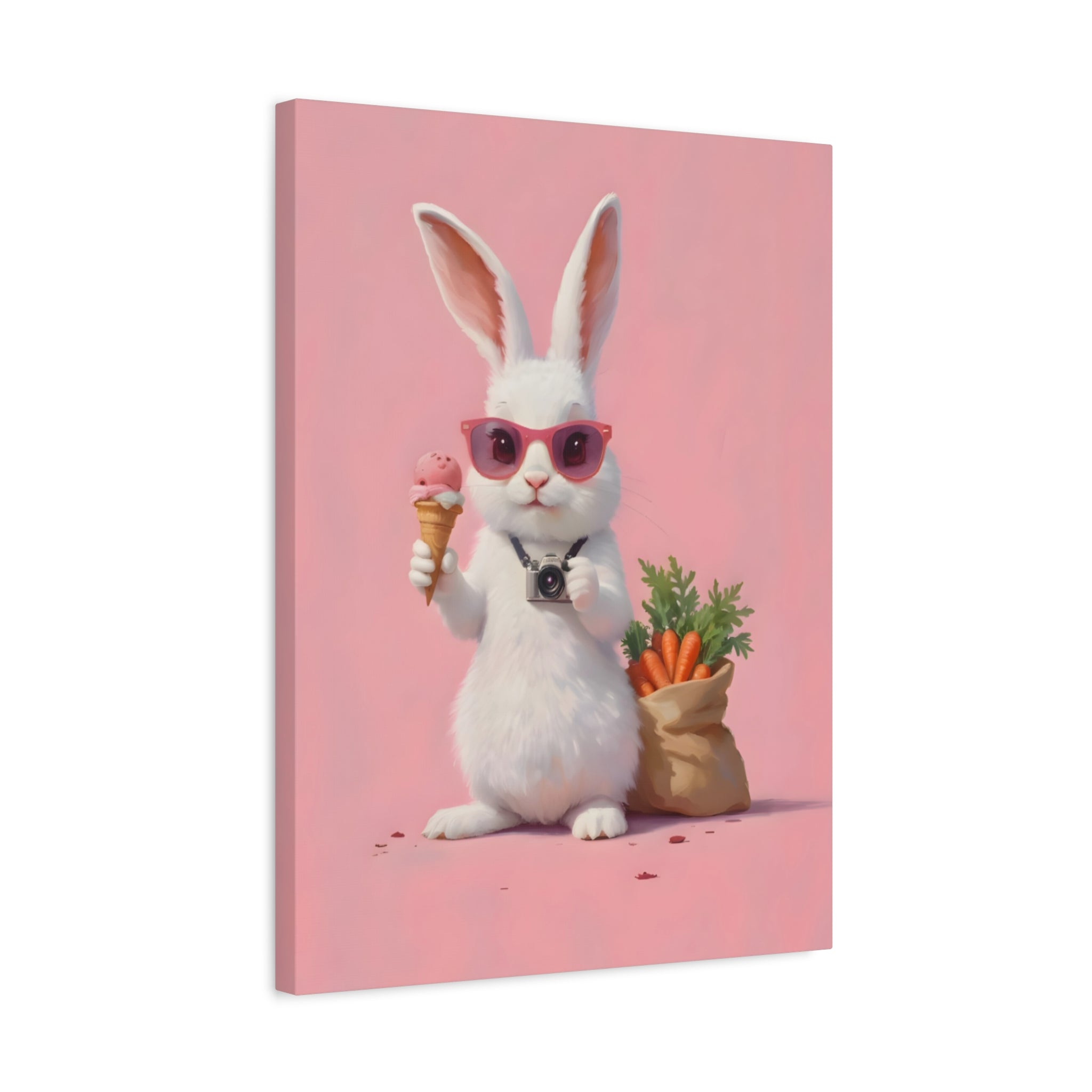 Pink Cute Bunny Canvas Wall Art — Cool Rabbit with Sunglasses, Ice Cream & Carrots (Matte Stretched)