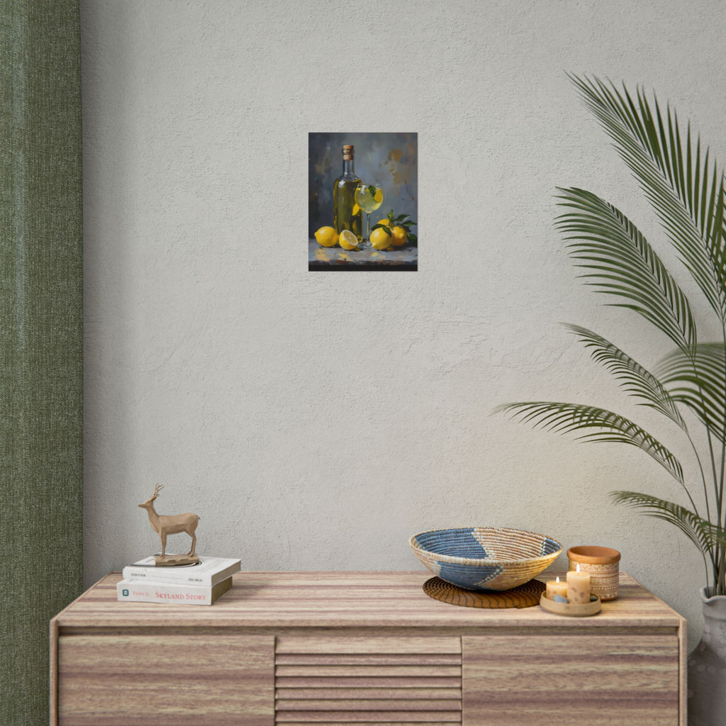Limoncello with lemons Still Life Rolled Poster – Citrus Bottle Art Print