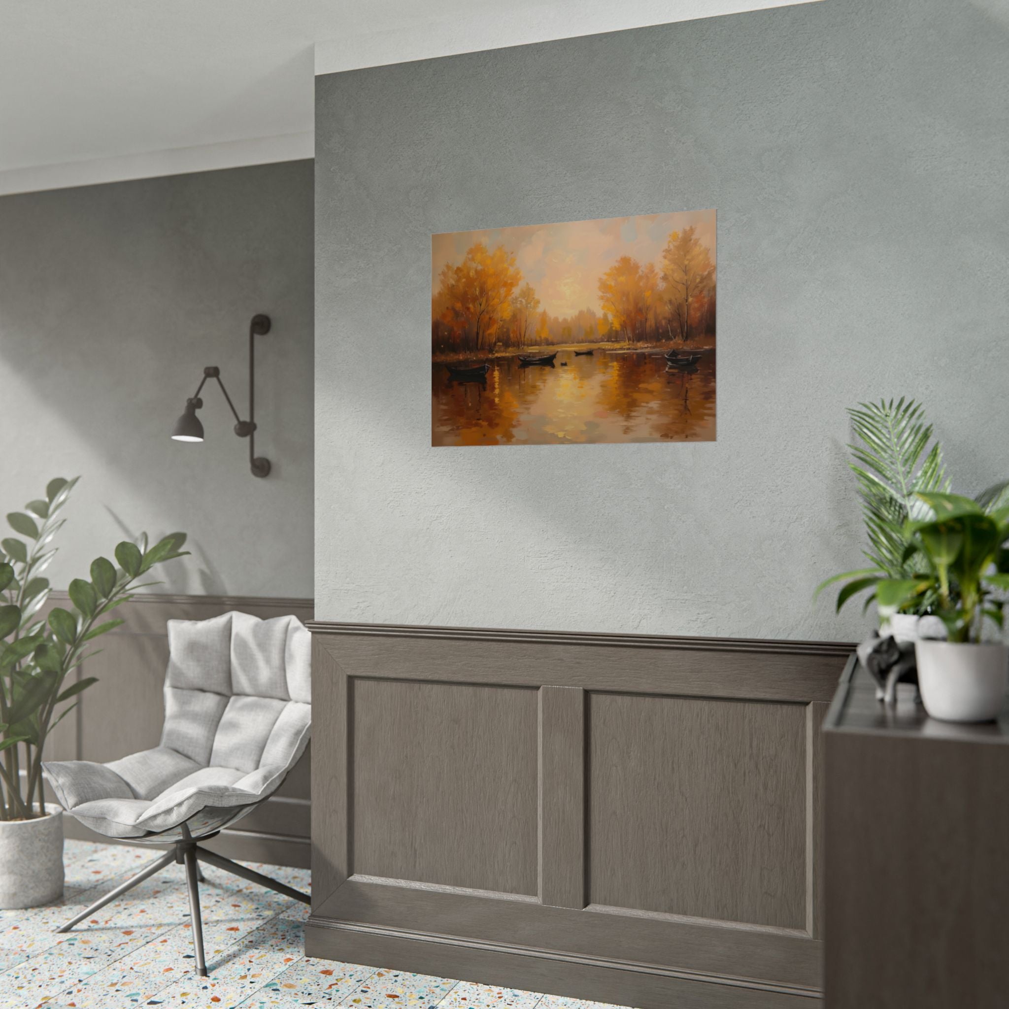 Autumn at the lake with rowboats - Poster