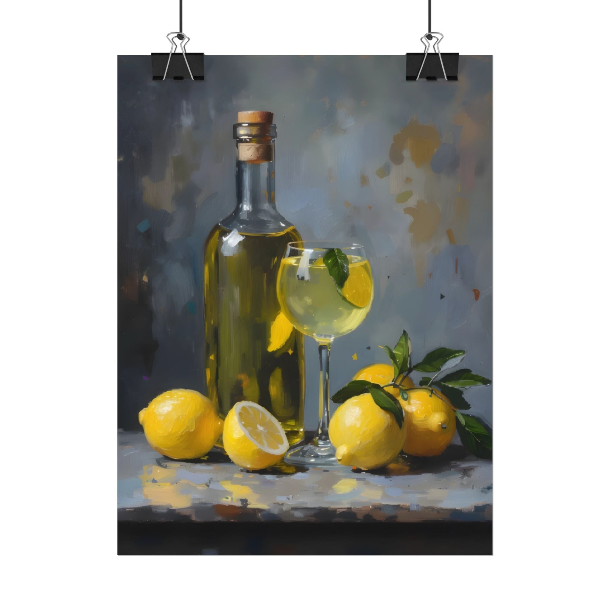 Limoncello with lemons Still Life Rolled Poster – Citrus Bottle Art Print