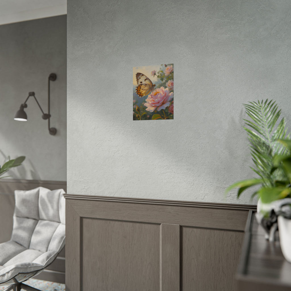 Wandbild mit Schmetterling auf rosa Rose - Poster 