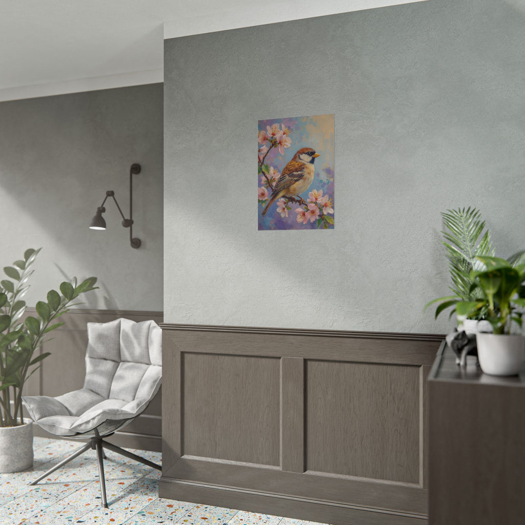 Bird on Blossom Rolled Poster — Spring Sparrow on Branch Wall Art Print