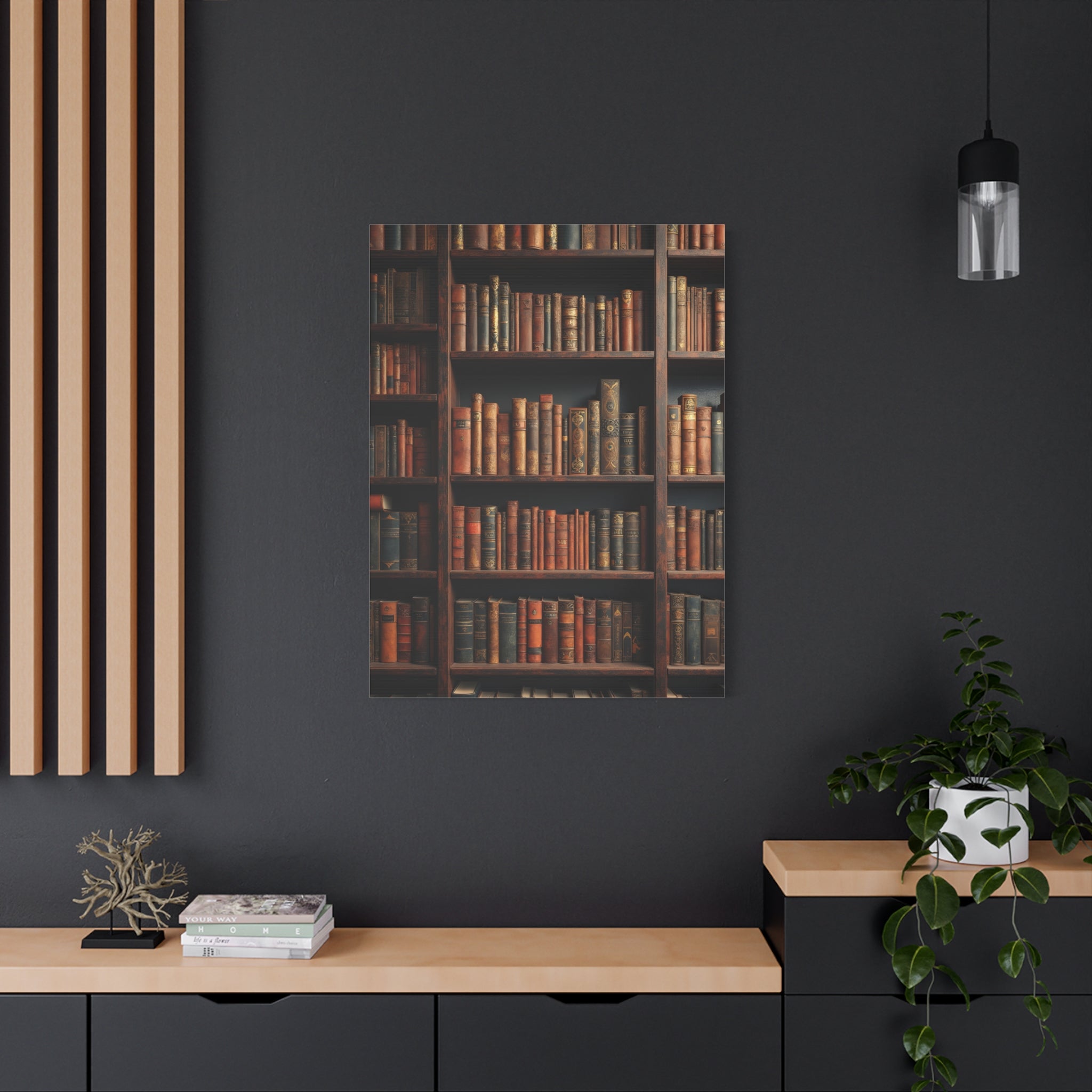 Vintage Library Books Canvas Print - Stacked Antique Bookshelf Wall Art