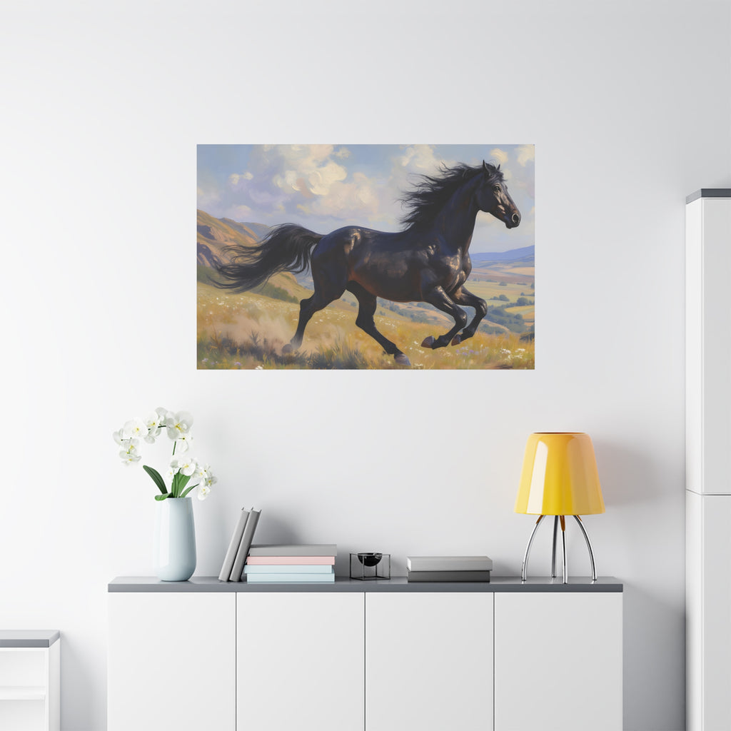 Muurdecoratie met een rennende zwarte hengst - Paardenschilderij - Gespannen canvas 