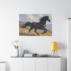 Muurdecoratie met een rennende zwarte hengst - Paardenschilderij - Gespannen canvas 