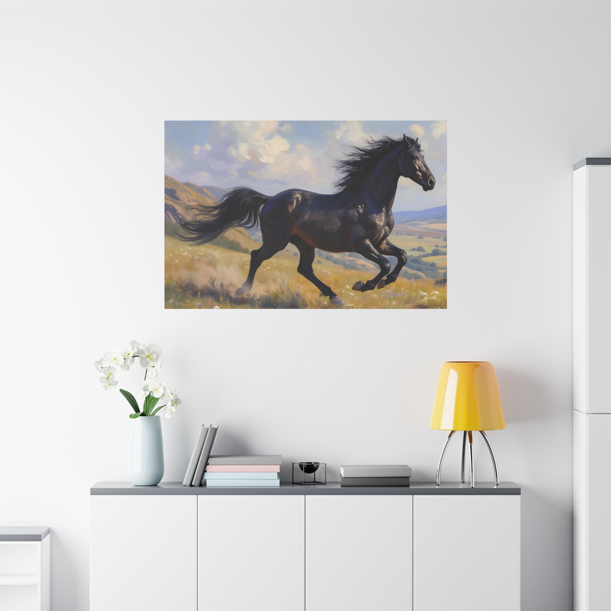 Muurdecoratie met een rennende zwarte hengst - Paardenschilderij - Gespannen canvas 