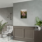 Muurposter met vlinder op roze roos 