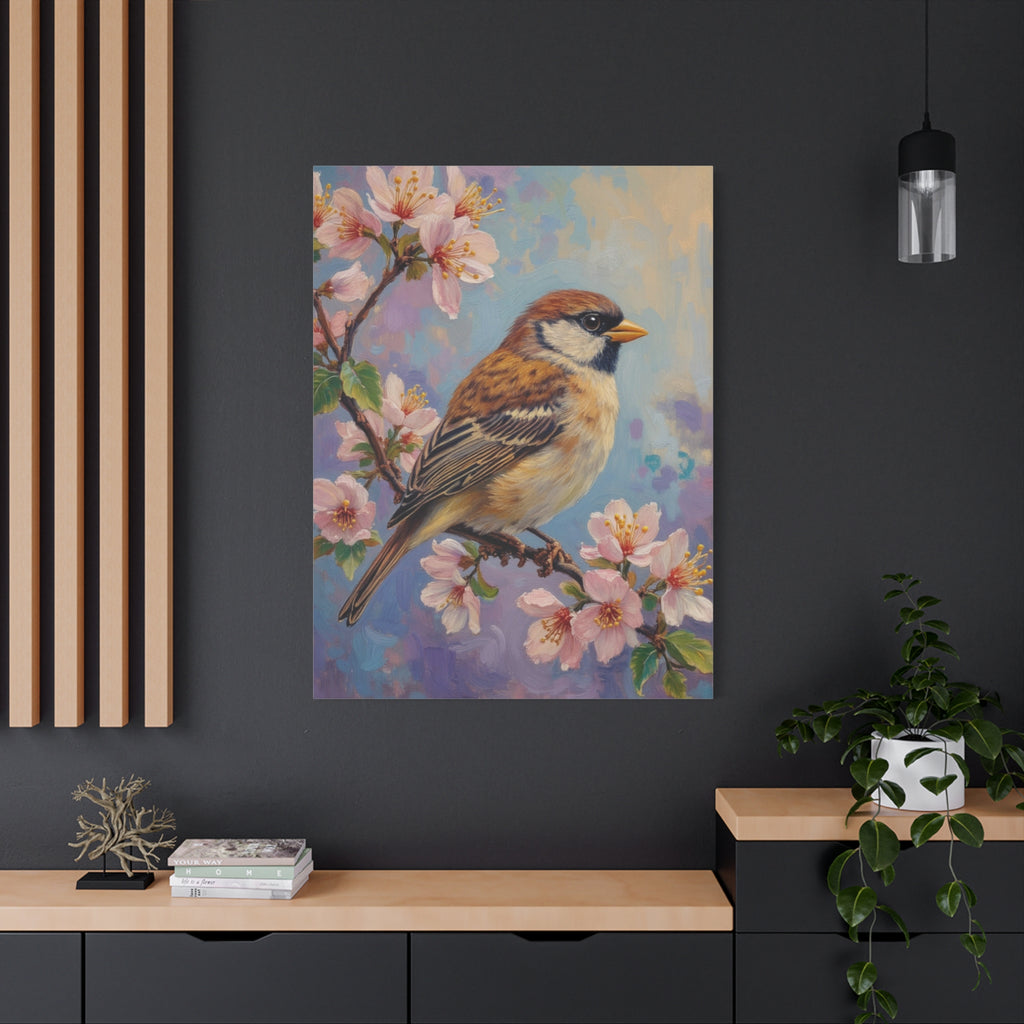 Sparrow on Cherry Blossoms Matte Stretched Canvas