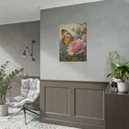 Wandbild mit Schmetterling auf rosa Rose - Poster 