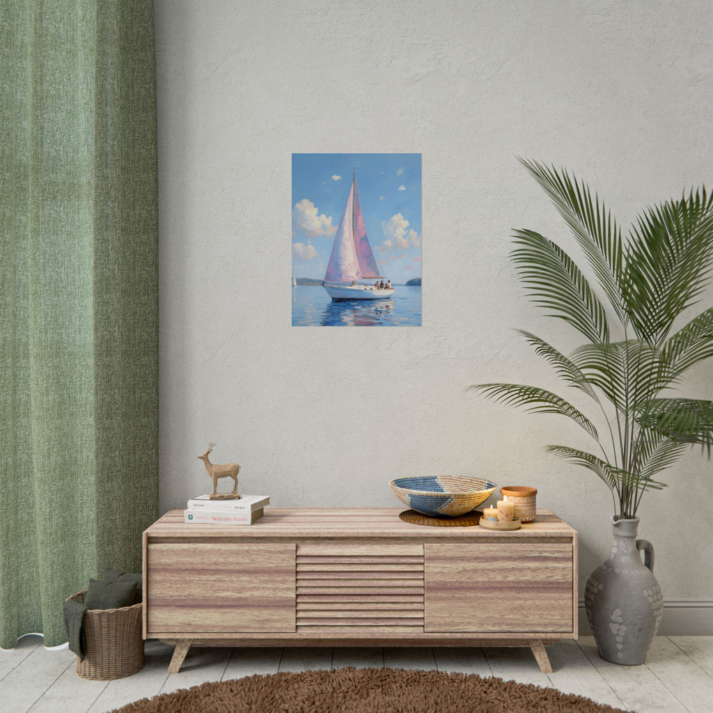 Zeilboot op kalm water met roze accenten - Poster 
