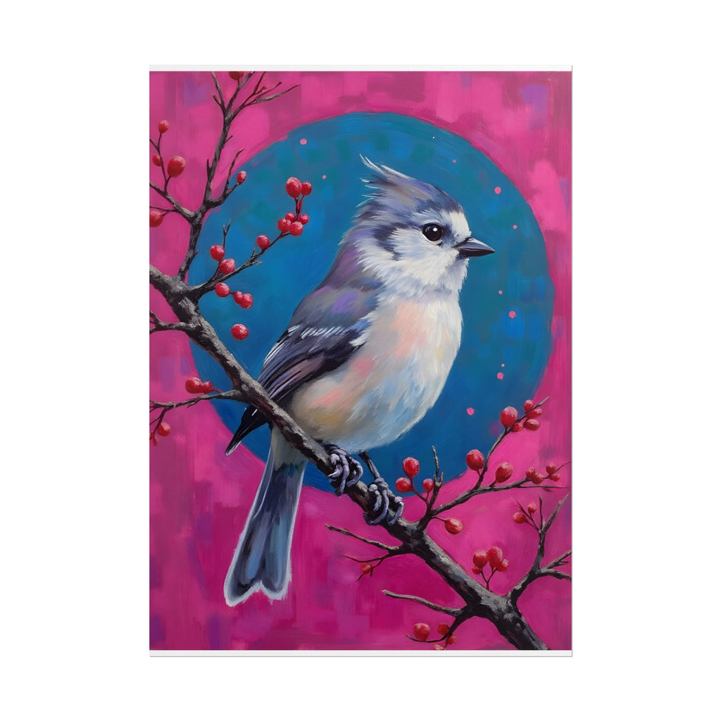 Kunstposter „Blauhäher“ – Lebendige Vogelillustration auf rosa-türkisfarbenem Hintergrund