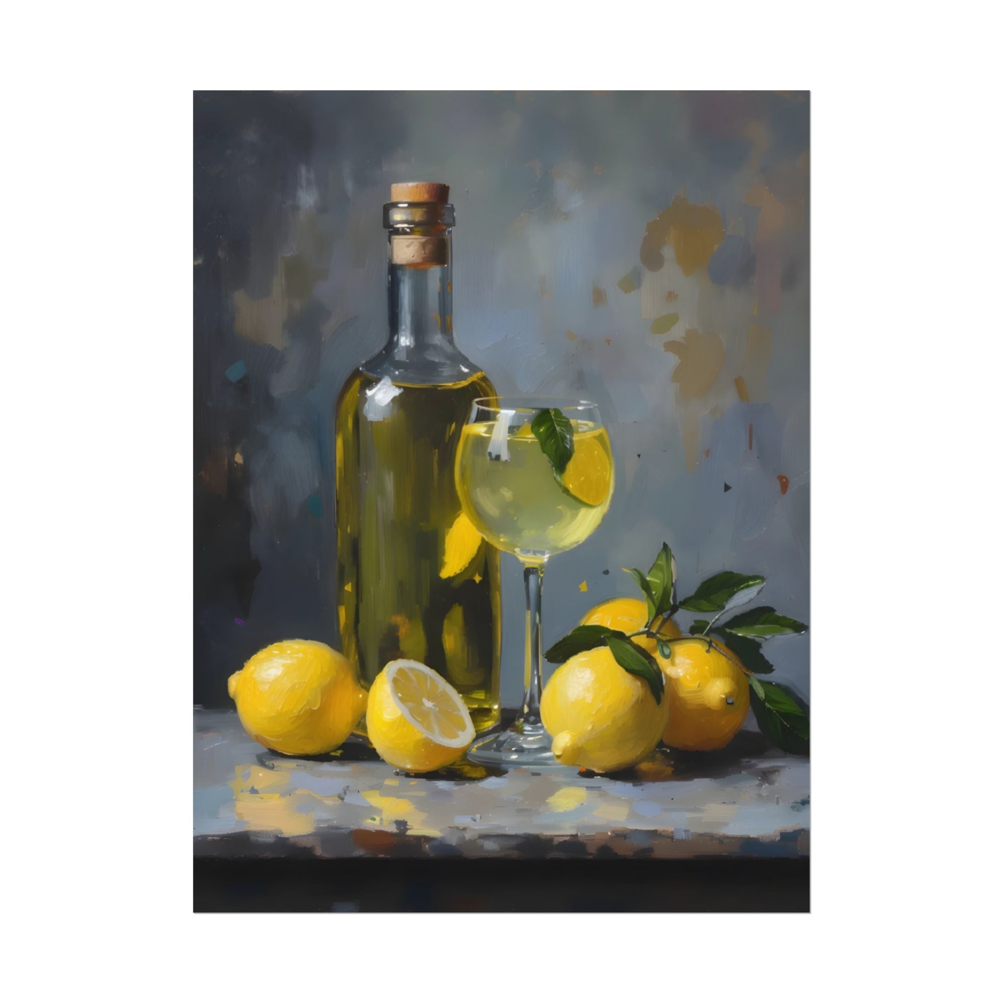 Limoncello with lemons Still Life Rolled Poster – Citrus Bottle Art Print