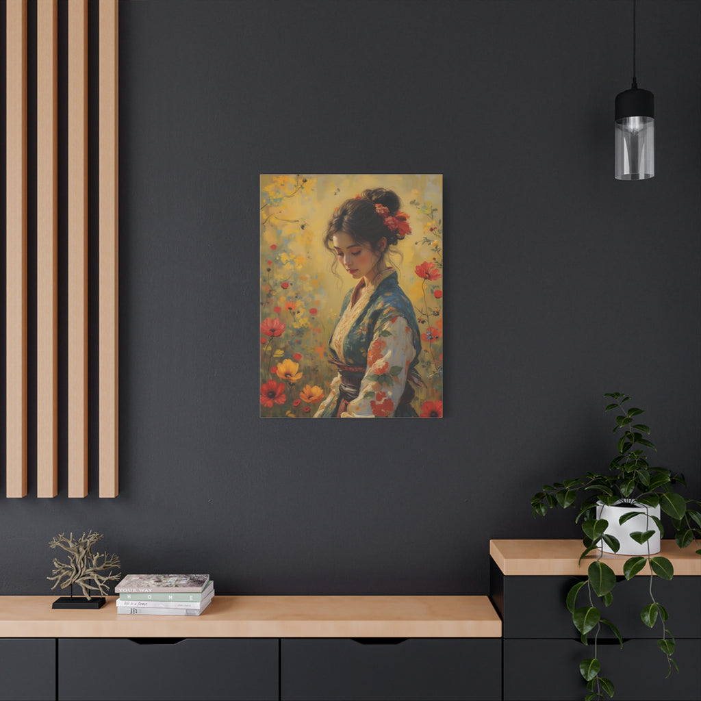 Asiatische Blumen-Dame, matte Leinwand-Wandkunst