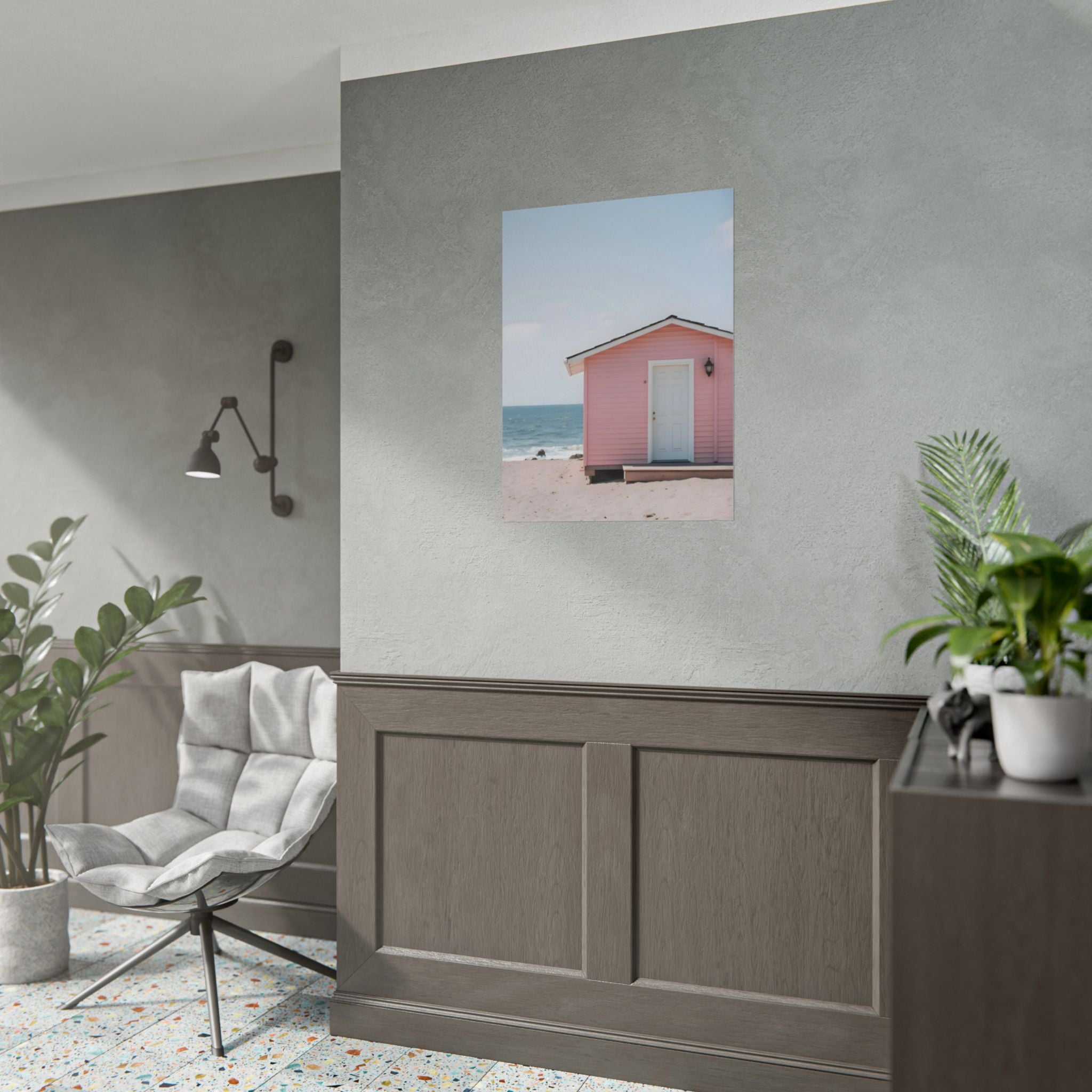 Roze strandhuisje als muurdecoratie - Poster 